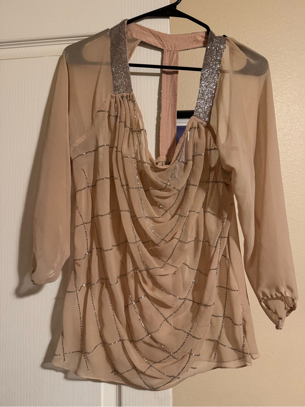 BKE Beige Sequin-Trim Sheer Draped Blouse